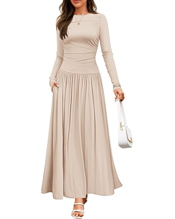 ZESICA Women's Long Sleeve Maxi Dress 2024 Fall Crewneck Knit Casual Slim Swing Pleated Dresses w... | Amazon (US)