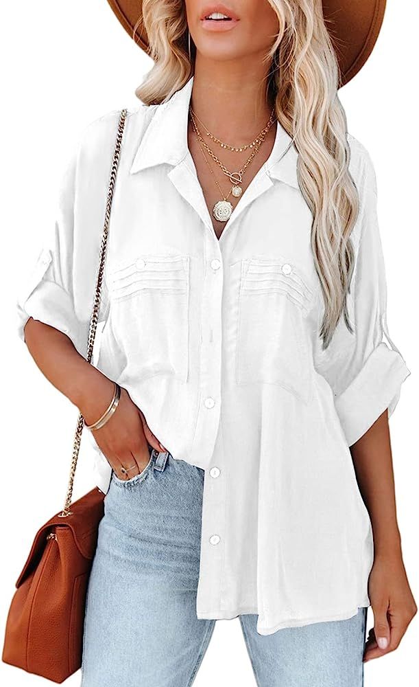 Astylish Womens Casual Roll up Sleeve Lightweight Blouse Top Button Down Tunic Shirts with Pocket | Amazon (US)