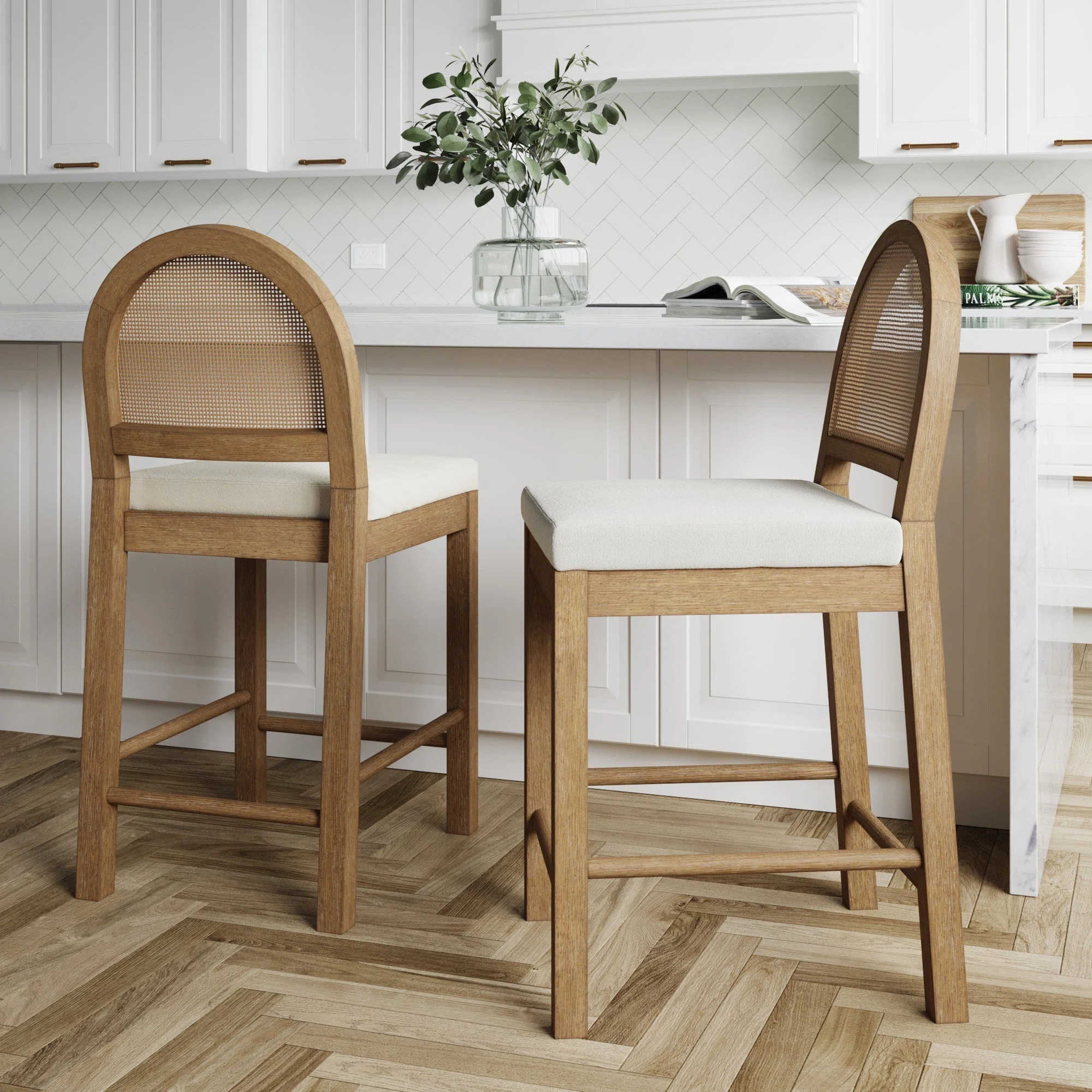 2-Pack Boucle Upholstered Bar Stool with Woven Rattan Backrest | Wayfair North America