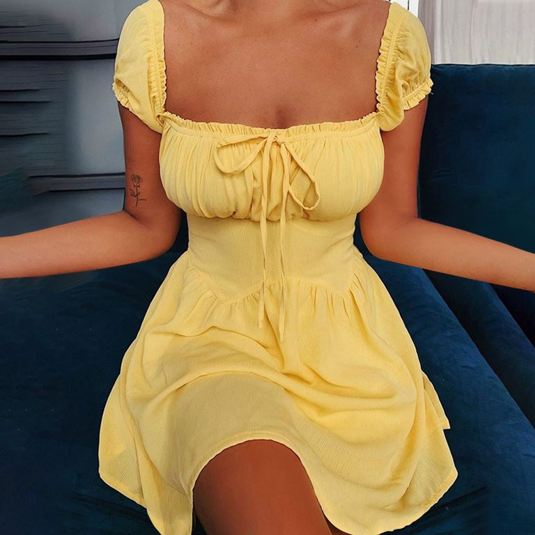 ertutuyi women's summer linen t-shirt tunic skirt round neck short sleeve midi dress yellow xl - ... | Walmart (US)