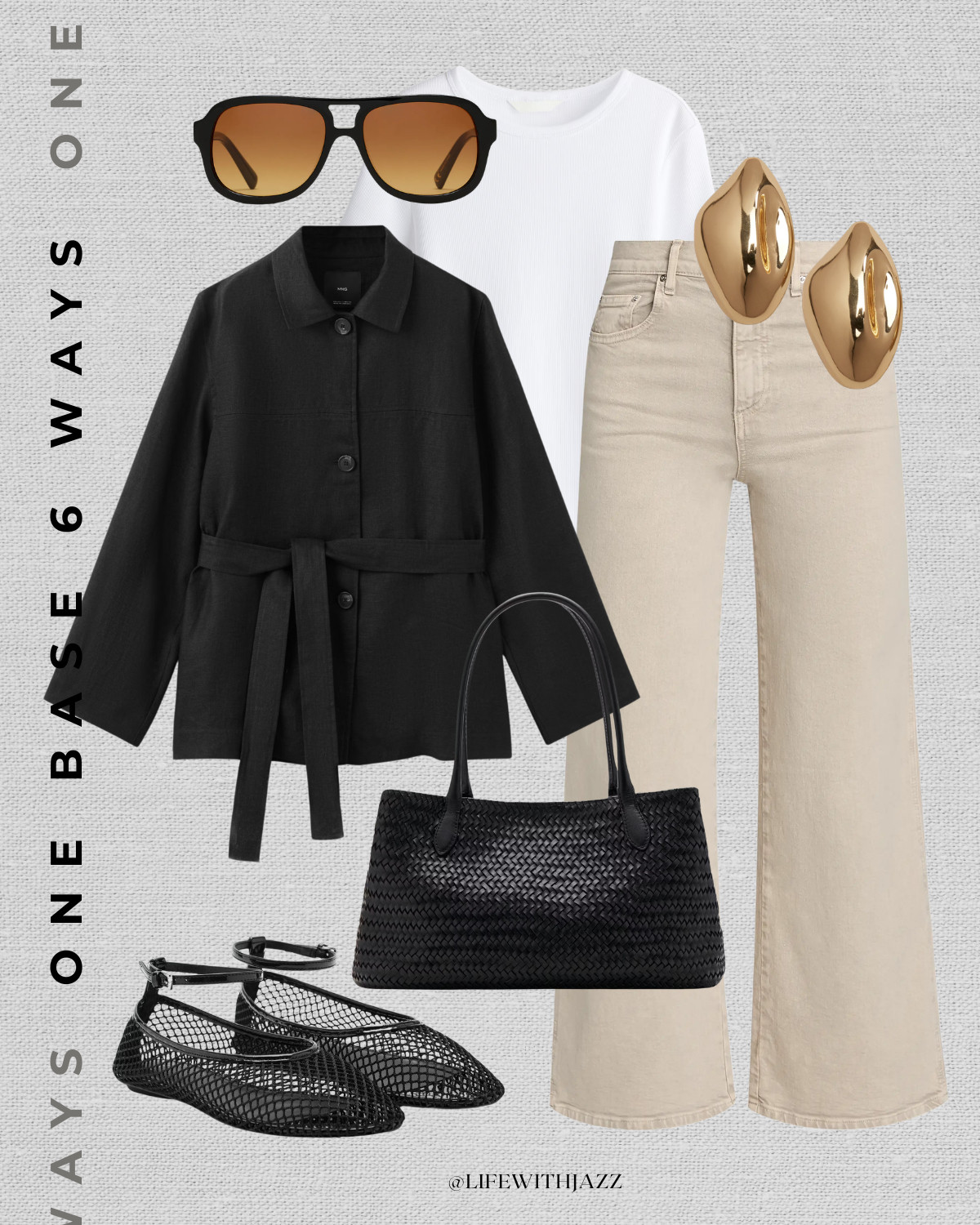 1 base 6 ways outfit with beige jeans 

spring style / summer style / casual style / beige wide leg jeans / ribbed tee / black short trench jacket / gold earirngs / aviator sunglasses / mesh ballet flats / black woven purse / mango 

 

#LTKootd