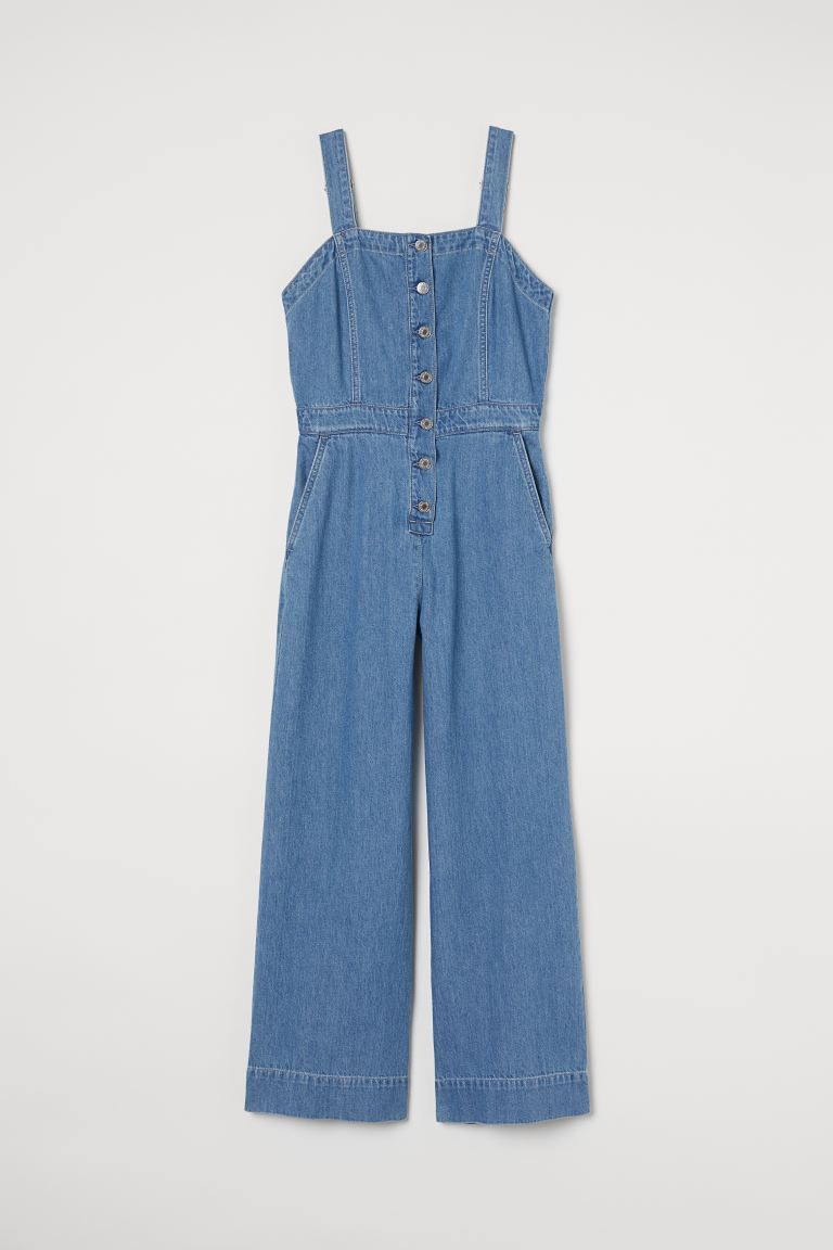 Ankle-length overalls in washed cotton denim. Adjustable straps fastened at front, concealed elas... | H&M (US)