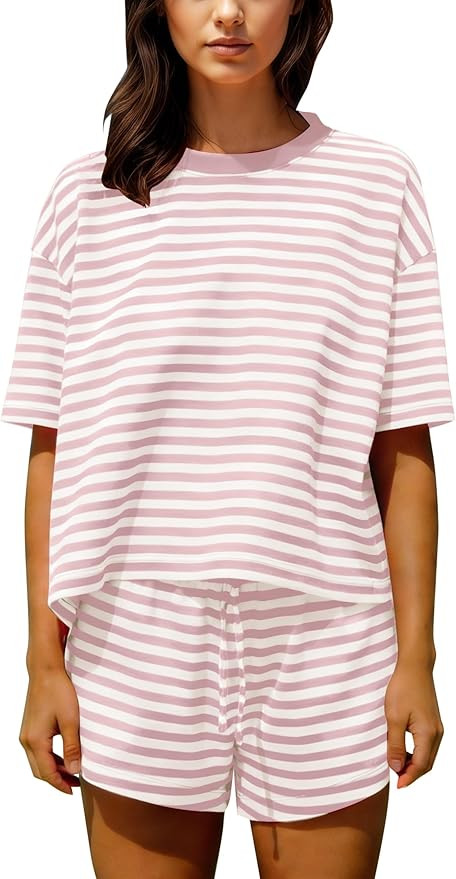 Ythomm Striped Pajamas Shorts Sets Women 2 Piece Lounge Outfits Short Sleeve Tees Drawstring Shor... | Amazon (US)