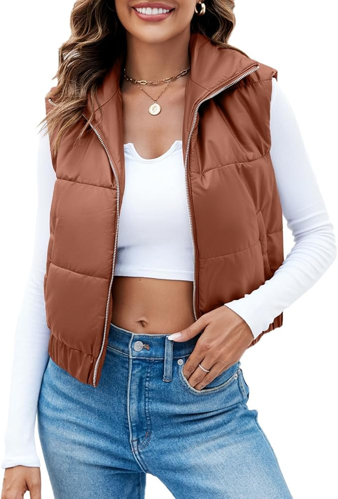 Fisoew Womens Faux Leather Puffer Vest High Stand Collar Zip Up Sleeveless Winter Cropped Jacket ... | Amazon (US)