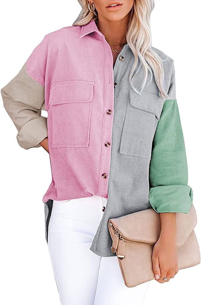 Dokotoo Womens Corduroy Button Down Shirts Boyfriend Long Sleeve Oversized Blouses Tops | Amazon (US)
