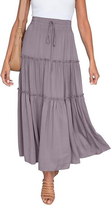 HAEOF Women's Boho Elastic High Waist A Line Ruffle Swing Beach Maxi Skirt with Pockets Purple Sm... | Amazon (US)