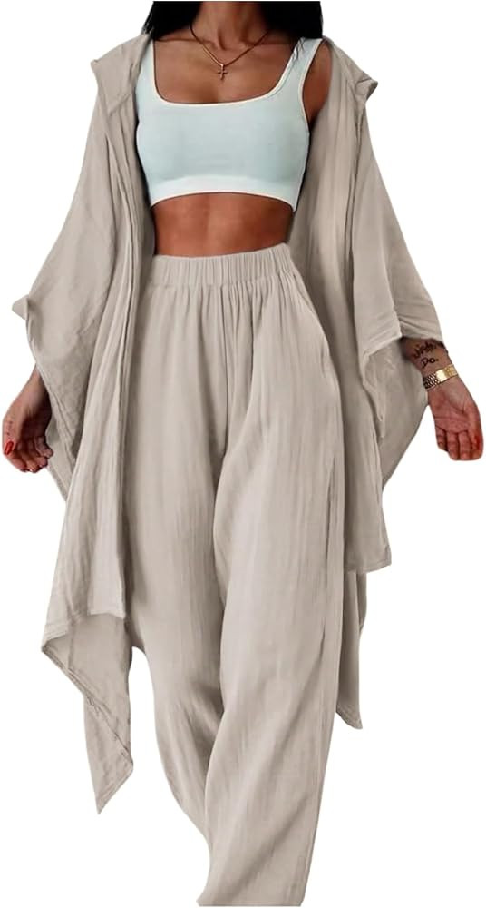 SOLY HUX Women's 2 Piece Outfit Hooded Kimono Flowy Cardigan High Waisted Pants Casual Suits | Amazon (US)