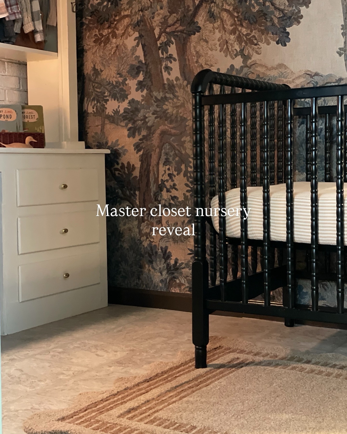 Master closet Nursery details 
Loloi Scottie rug, Jenny Lind crib, woodland nursery, moody bedroom, wallpaper, tapestry mural 


#LTKmomlife #LTKBaby #LTKHome