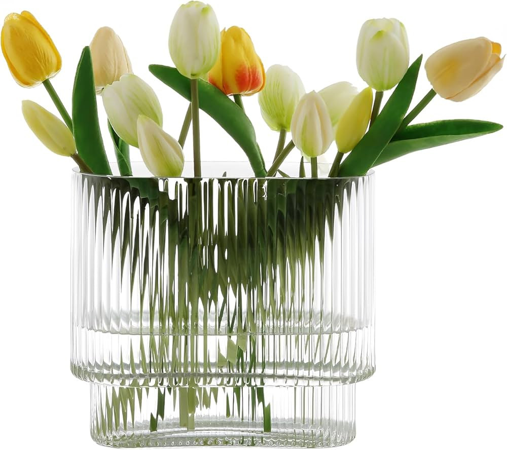 Dinyeo Ribbed Vase Glass Fluted Vase Clear for Flower Home Centerpieces Decor | Amazon (US)