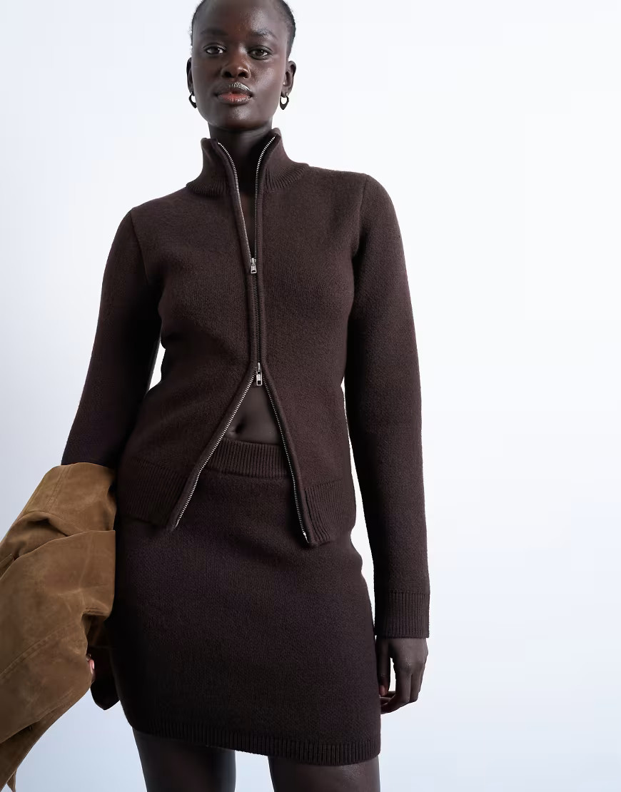 Topshop knit compact zip up funnel neck sweater in chocolate-Brown | ASOS (Global)