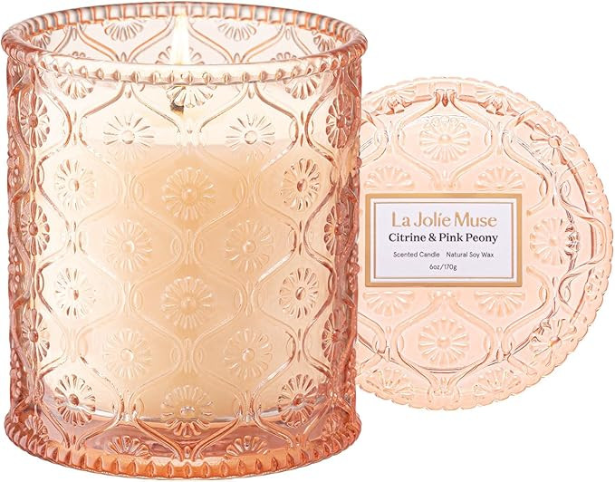 LA JOLIE MUSE Citrine & Pink Peony Scented Candles - Bergamot, Peony, Amber | 6 oz Natural Soy Wa... | Amazon (US)