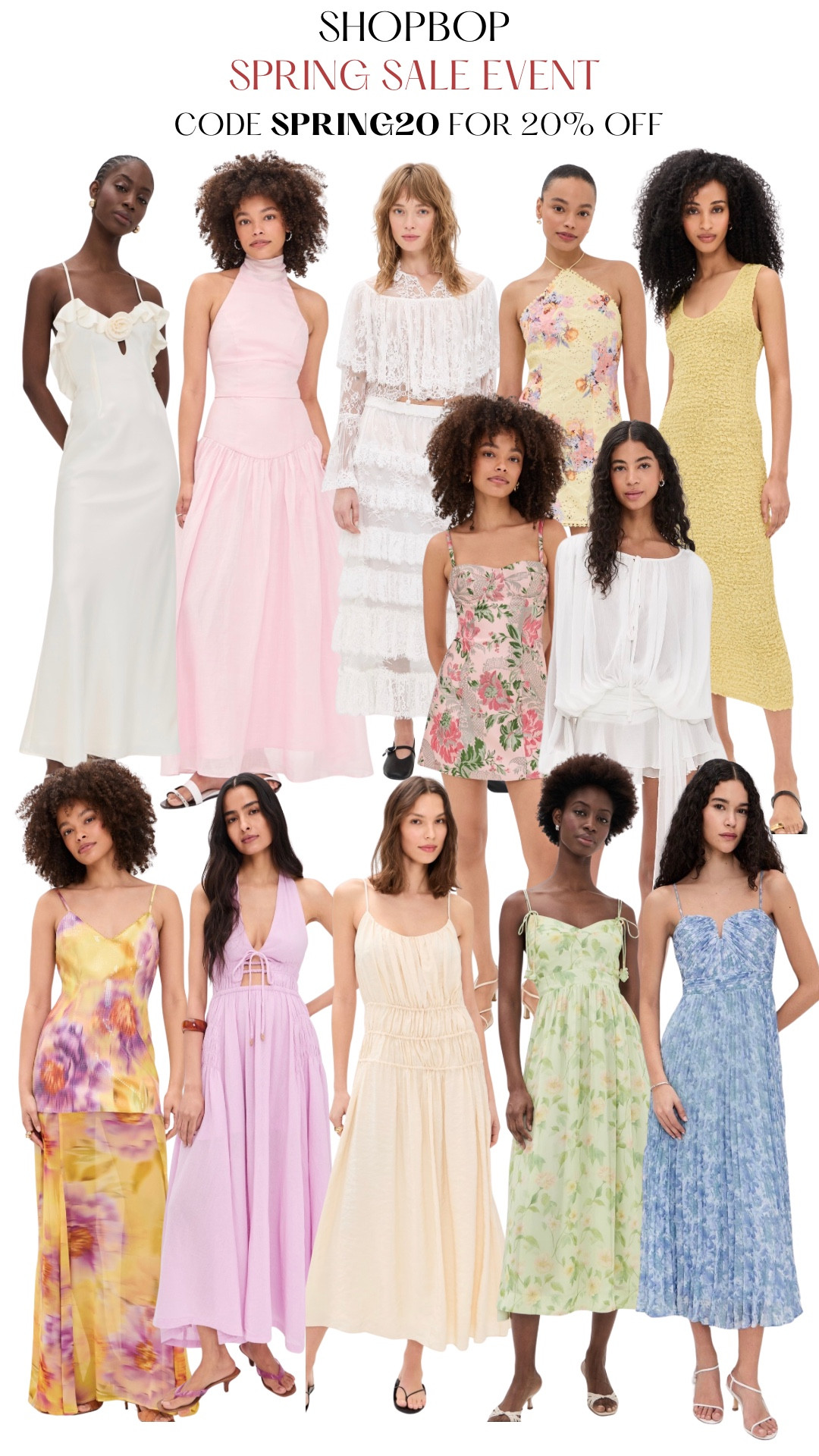 @Shopbop  Spring Sale Event! Use code SPRING20 for 20% off select items 
Shop floral, pastel and white spring dresses, tops and sets. Perfect for Easter celebrations or any spring and/or summer event 
#sale #shopbop #dress #spring #outfit #floral #pastel #white #set 