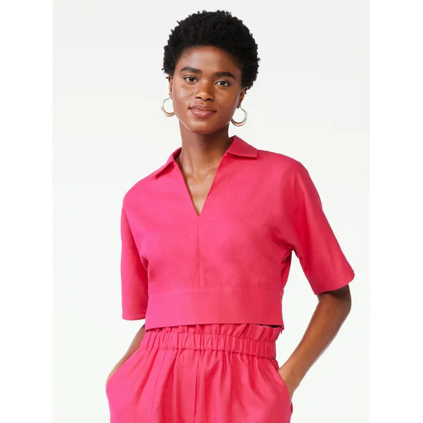 Scoop Women's Cropped Linen Blend Top with Collar | Walmart (US)