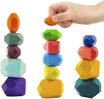 16 Pcs Wooden Stone Balancing Blocks- Colorful Wood Stone Building Blocks Natural Rainbow Balanci... | Amazon (US)