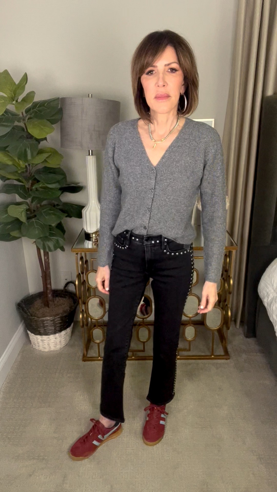 grey cardigan, studded jeans, sneakers, fall outfit, over 50 outfits 

#LTKOver40 #LTKSeasonal #LTKFindsUnder100