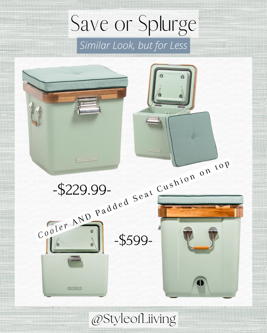 Save or splurge! Similar look, but for less. Set comes with cooler and a padded seat cushion on top to turn it into a cozy seat. Perfect for beach and pool days and to entertain this spring/summer! #saveorsplurge #cooler #businessandpleasure #samelookforless #seatcushion #tjmaxx #revolve  

 

#LTKSeasonal #LTKU #LTKSaleAlert