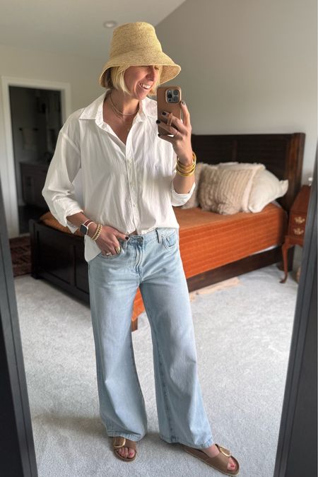Summer style motto: effortless, easy, chic! This is a really easy & practical way to style a white button up shirt in the summertime with either jeans or shorts, by doing a partial tuck👍🏻

#LTKOver40