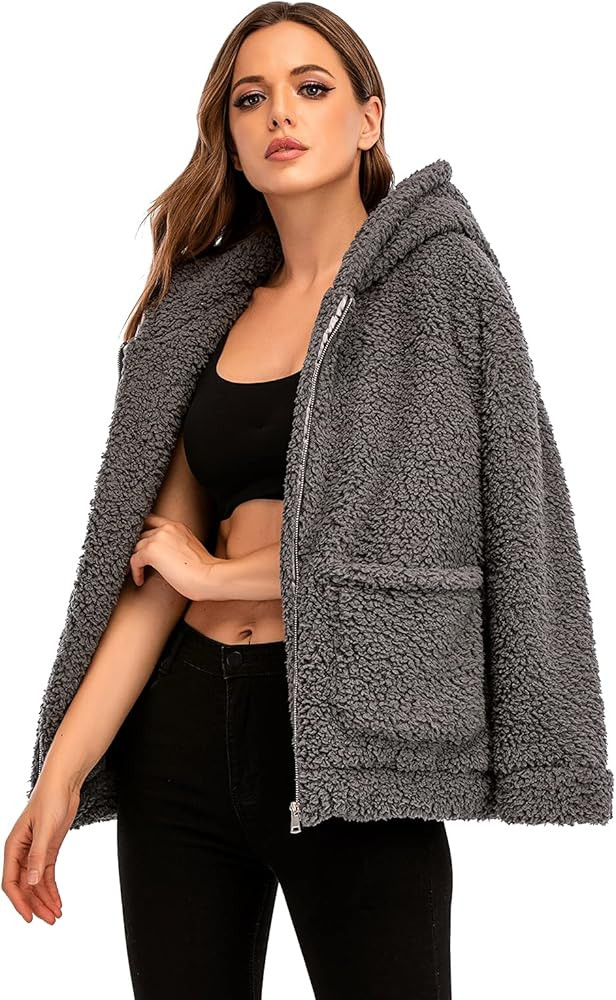 Comeon Womens Casual Coat Lapel Fleece Fuzzy Faux Shearling Zipper Hooded Warm Winter Oversized J... | Amazon (US)