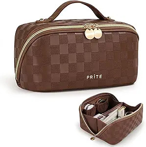 Prite Makeup Bag for Women Travel Waterproof Vegan Leather Cosmetic Bag Open Flat Toiletry Bag Wi... | Amazon (US)