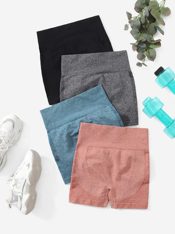 4pcs Seamless Wideband Waist Eyelet Detail Topstitching Sports Shorts | SHEIN