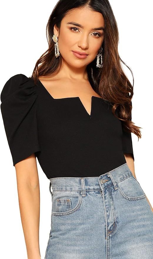 Romwe Women's Puff Sleeve Square Neck Elegant Slim Fit Rib Knit Blouse Tops | Amazon (US)