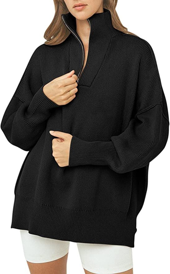 Prinbara Women's Long Sleeve 1/4 Zipper Drop Shoulder Oversized Slouchy Ribbed Knit Sweatshirt Pu... | Amazon (US)