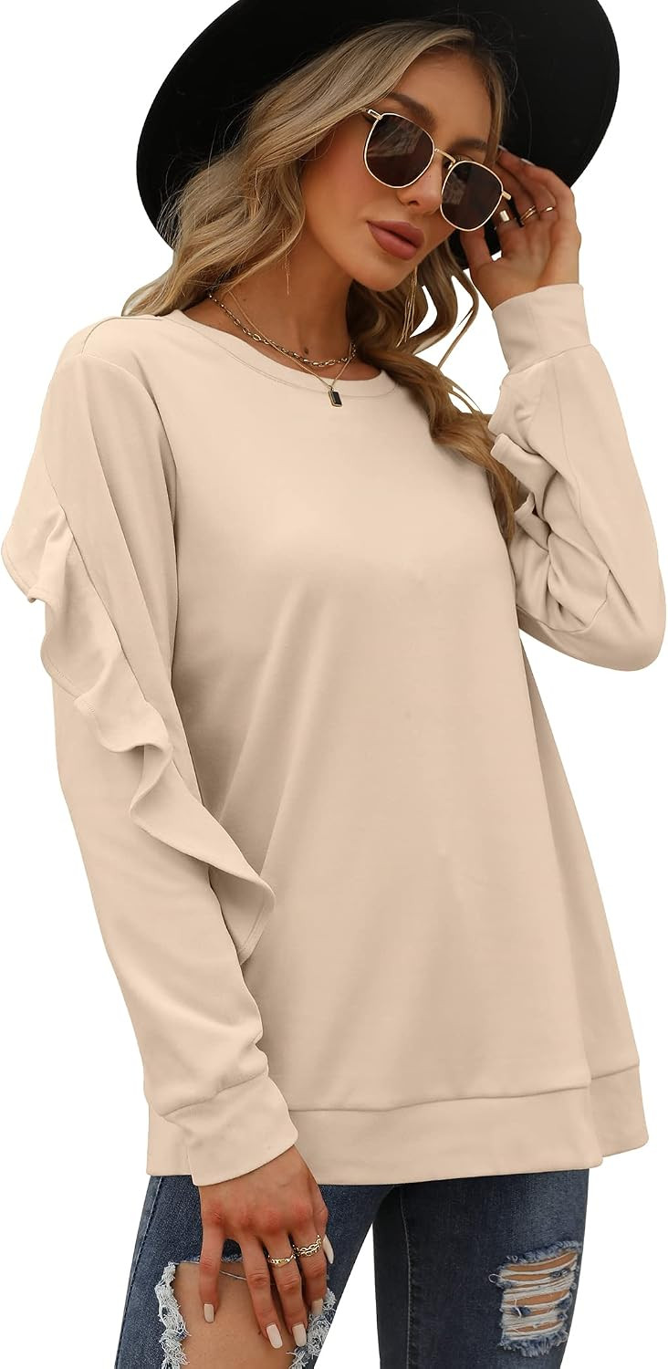 Saloogoe Crewneck Sweatshirts Long Sleeve Casual Tops with Ruffle Sleeve Fall Winter Clothes Soft Fa | Amazon (US)