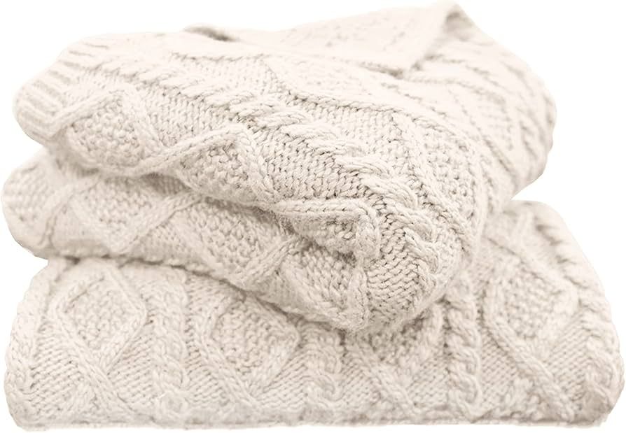 HiEnd Accents Cream Cable Knit Throw Blanket 50x60 inch, Cozy Sweater Woven Knitted Wool Blend Bl... | Amazon (US)