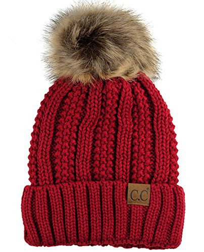 C.C Thick Cable Knit Faux Fuzzy Fur Pom Fleece Lined Skull Cap Cuff Beanie, Red | Amazon (US)
