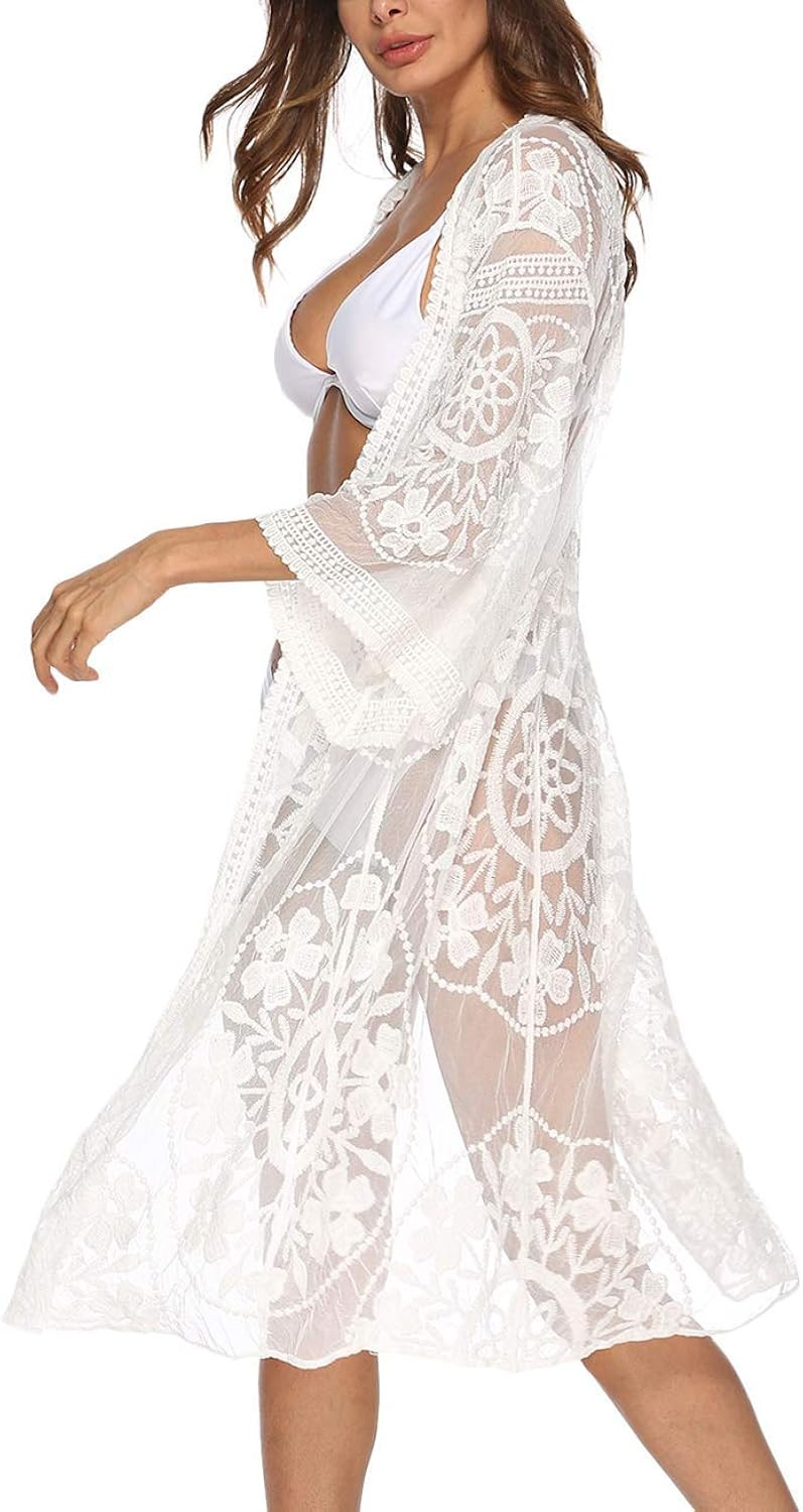 Romanstii Women's Lace Cardigan Floral Crochet Sheer Beach Cover Ups Long Kimono | Amazon (US)