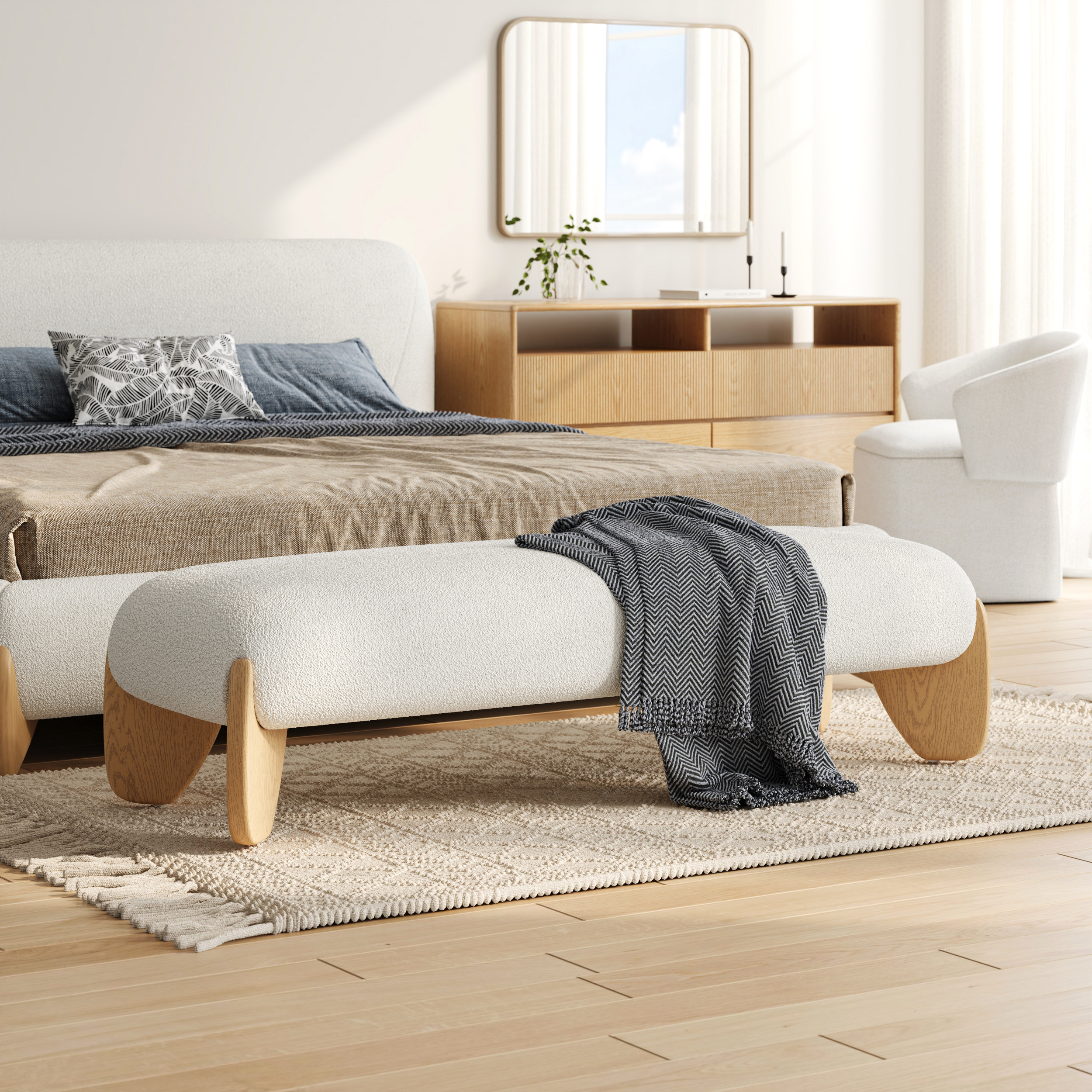 Modern White Boucle Bedroom Bench Upholstered Long Bench with Wood Legs | Homary