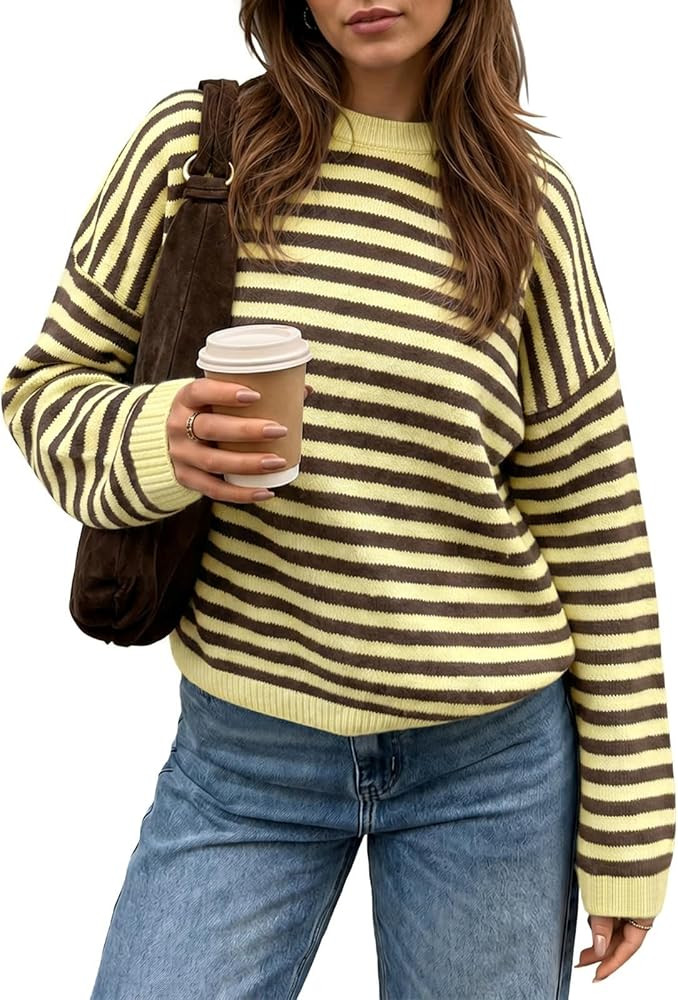 Saodimallsu Womens Striped Sweater Oversized Crew Neck Pullover | Amazon (US)
