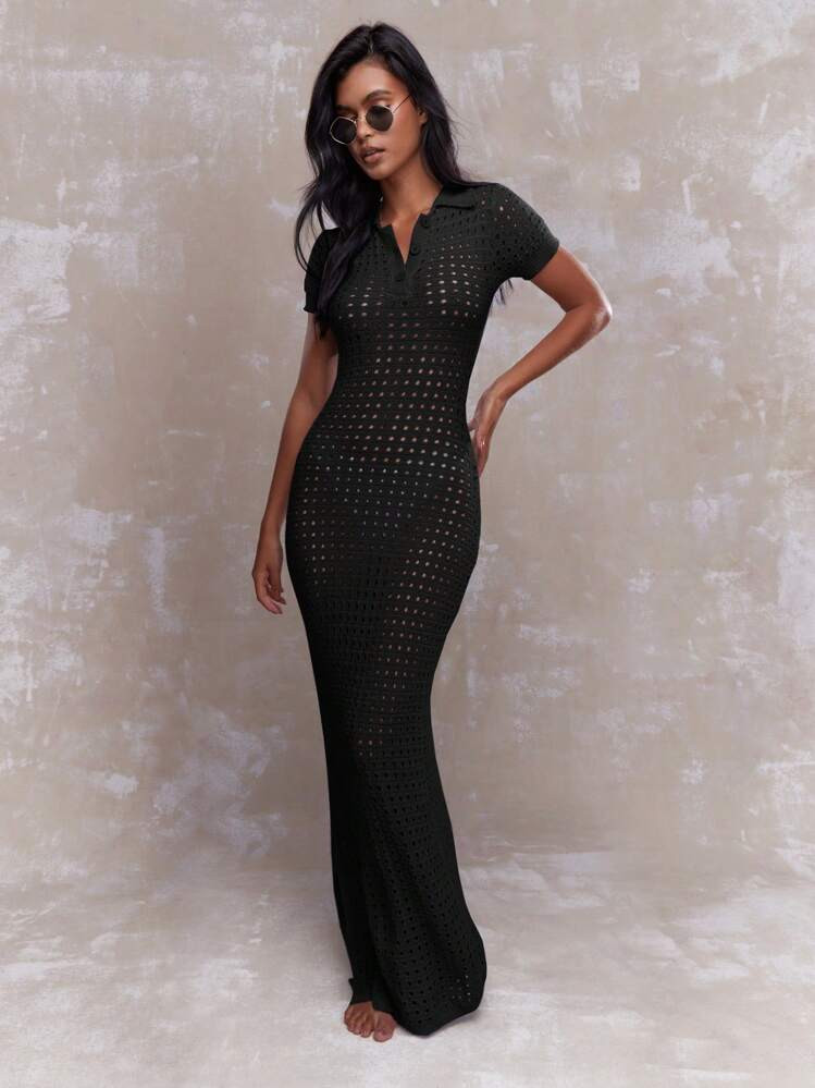 MISSGUIDED Mesh Crochet Buttoned Shirt Maxi Dress | SHEIN