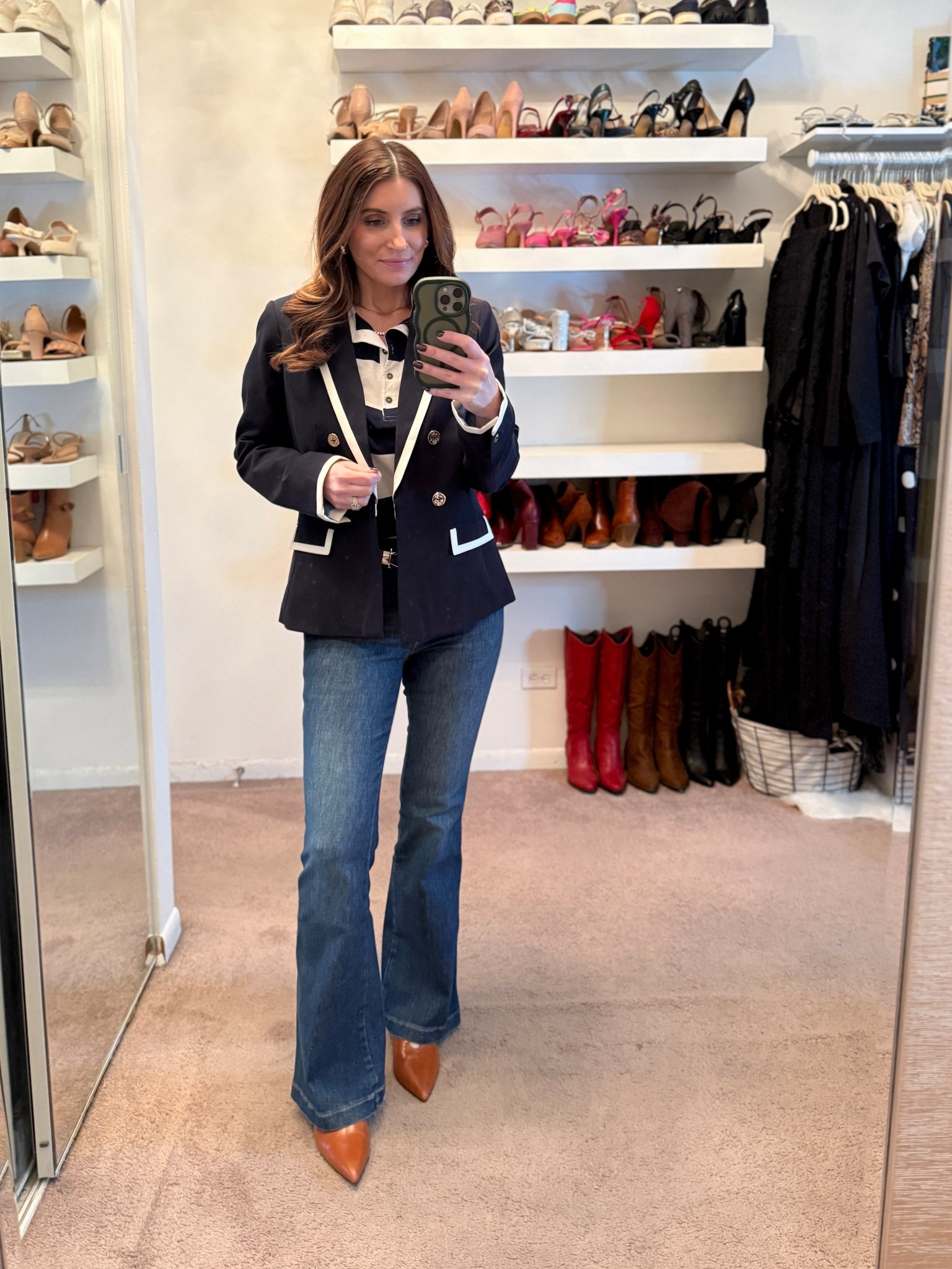 What I wore to work today, workwear outfit, casual outfit, nautical blazer, navy blue blazer, Spanx flare leg jeans, preppy style, black flats, easy outfit  


#LTKootd #LTKWorkwear #LTKOver40