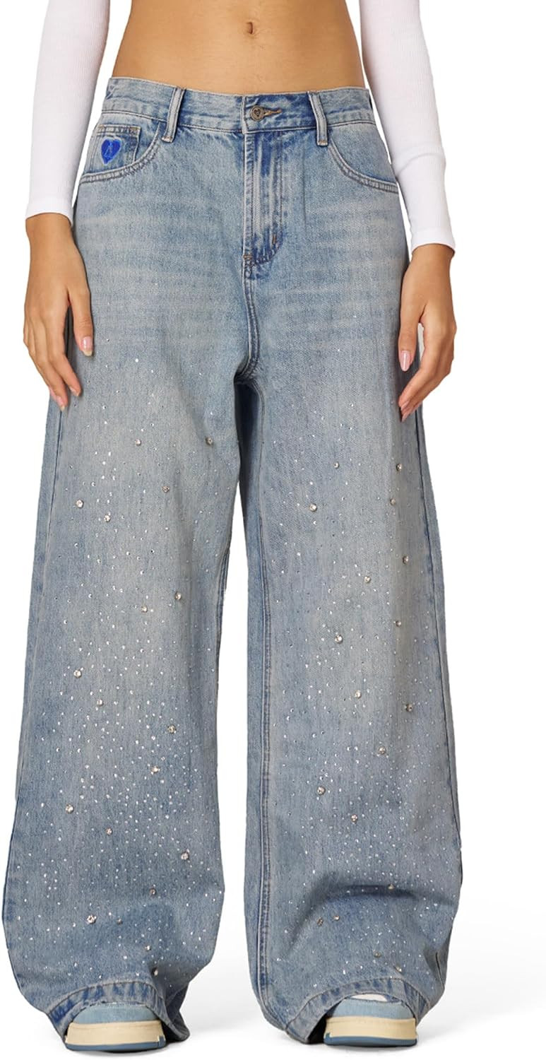 Aelfric Eden Rhinestone Application Loose Jeans Oversized High Waist Casual Baggy Denim Pants | Amazon (US)