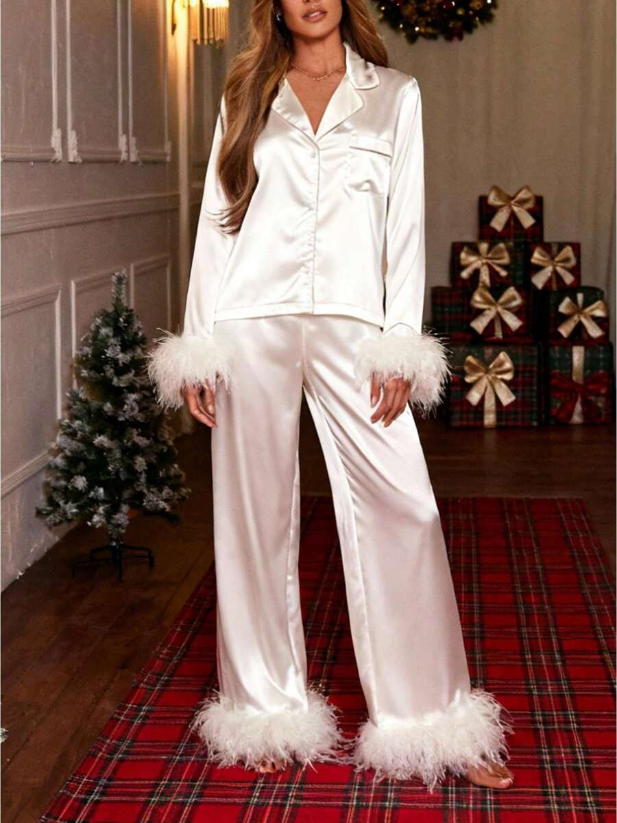 Women's 2 Piece Lounge Set Long Sleeve Lapel Button Up Satin Shirt Pants Sleepwear Sets | SHEIN