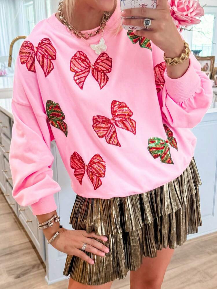 Christmas Pink Sequin Bow Sweatshirt ,Party Sequin Top | SHEIN