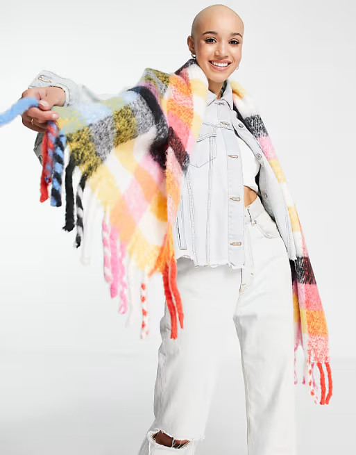 Boardmans super fluffy bright check tassel trim scarf in multi | ASOS (Global)