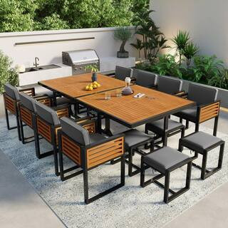18-Piece Acacia Wood Outdoor Dining Set with Gray Cushions and Two Square Tables | The Home Depot