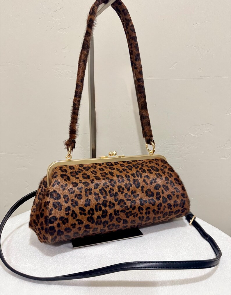 Leopard Print Cowhide Baguette Bag: Vintage Kisslock With 2 Straps - Etsy | Etsy (US)
