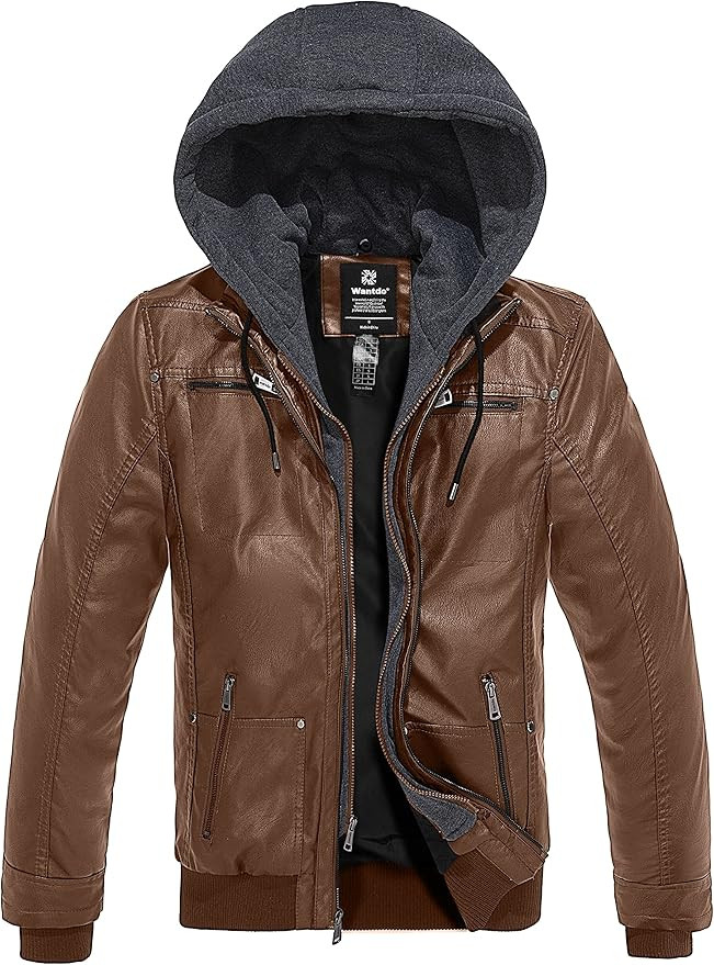 Wantdo Men's Faux Leather Jacket with Removable Hood Motorcycle Jacket Casual Vintage Warm Winter... | Amazon (US)