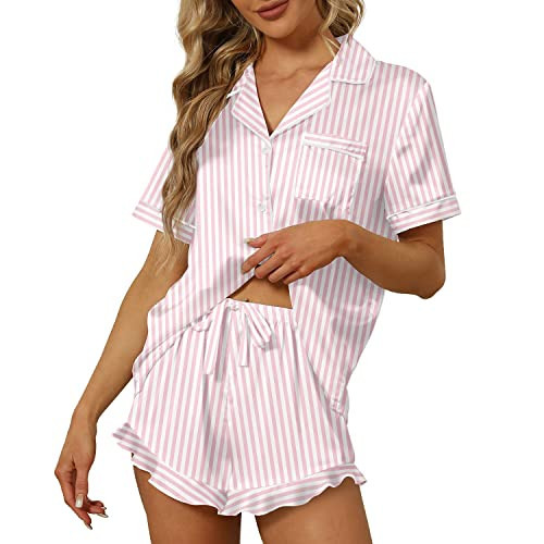 SAPJON Satin Silk Pajamas for Women 2Pcs Ruffle Notch Collar Sleepwear Button Down Short Sleeve Shorts Pjs Set Loungewear | Amazon (US)