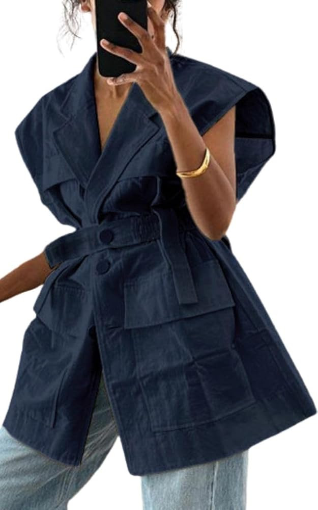 Women's Oversized Sleeveless Blazer Vest Casual Long Open Front Cargo Vest Top Lightweight Cardig... | Amazon (US)