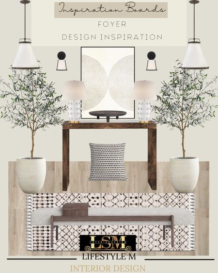 Modern farmhouse foyer inspiration. Recreate the look at home. Wood console table, wood upholstered bench, foyer runner, white tree planter pot, faux fake tree, wood floor tile, throw pillow, white table lamp, decorative bowl, sconce light, foyer pendant light, wall art.

#LTKFind #LTKstyletip #LTKhome
