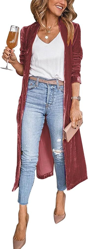 Arssm Women's Long Velvet Cardigan Jacket Lapel Collar Open Front Cardigan Sweater | Amazon (US)