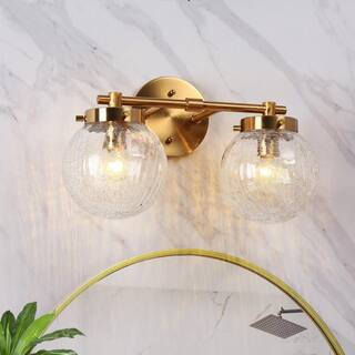 Modern Brass Vanity Light 2-Light Globe Bathroom Washroom Powder Room Wall Light with Clear Crack... | The Home Depot