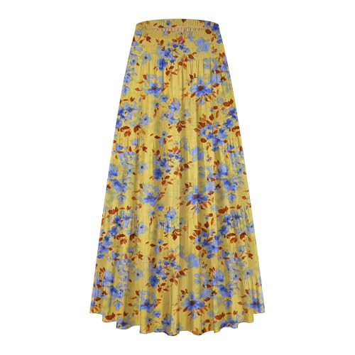 LiCot Women's Maxi Skirt with Pockets High Waisted Casual A-Line Pleated Long Skirts(Bright Yellow Floral, L) | Amazon (US)