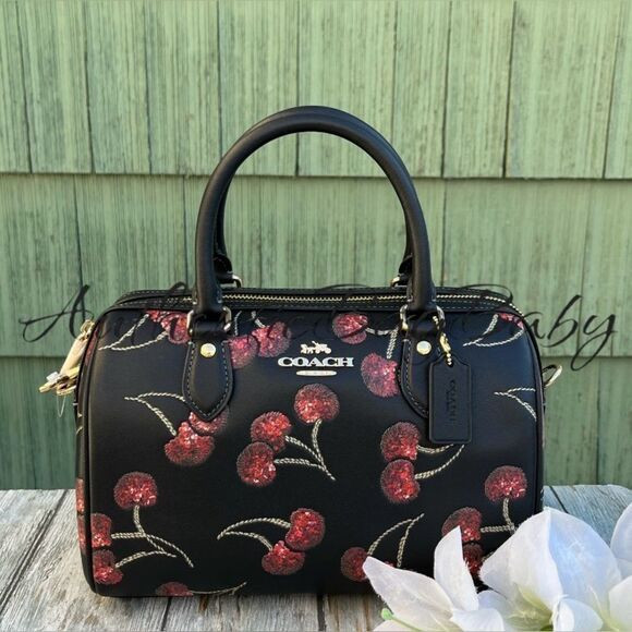 Coach Rowan Satchel Bag With Black Cherry Print Leather Purse | Poshmark