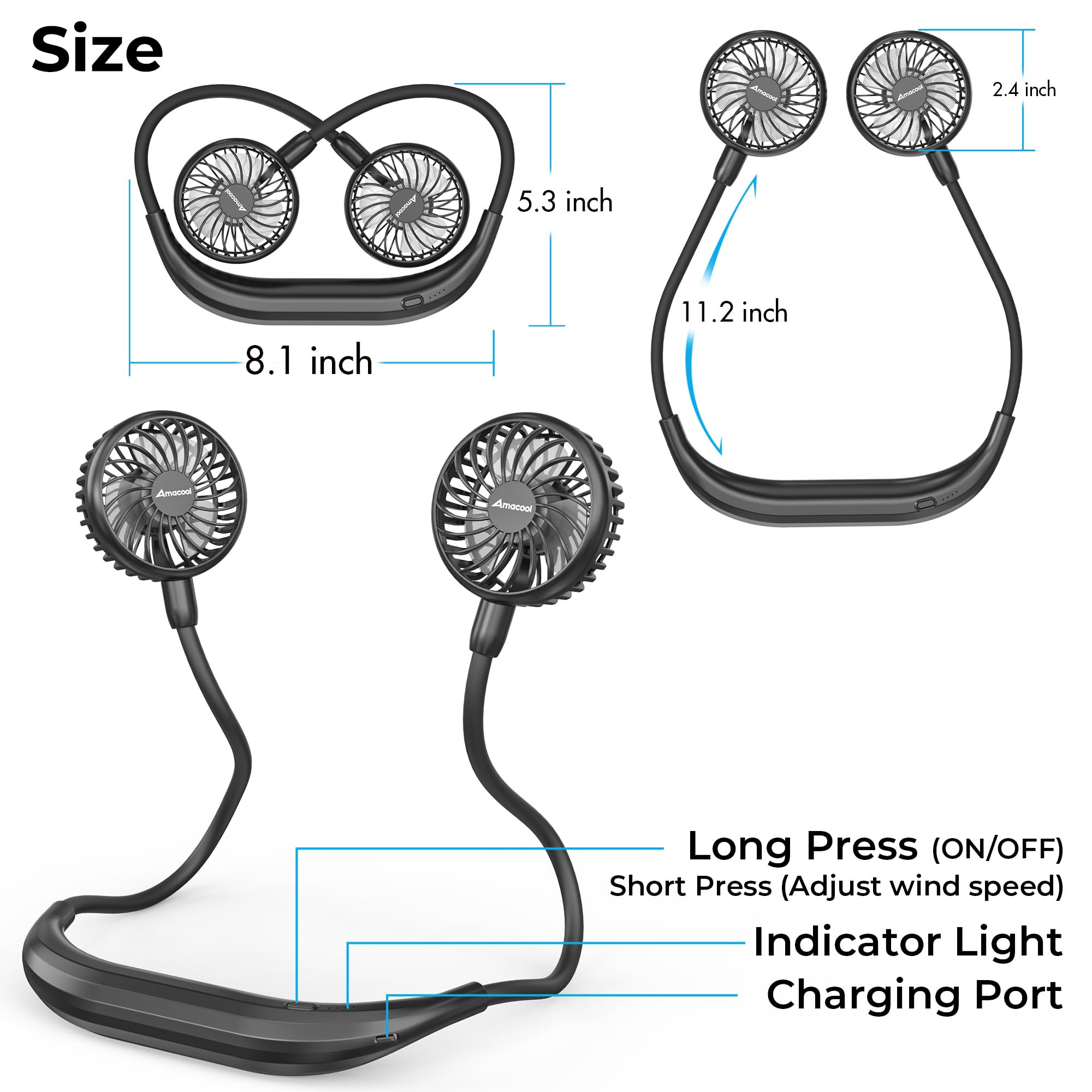 AMACOOL 2600mAh Portable Neck Fan, Wearable Hands-Free Battery Operated with Ultra Quite & Strong... | Amazon (US)