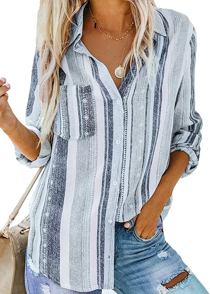 Astylish Womens V Neck Striped Roll up Sleeve Button Down Blouses Top | Amazon (US)